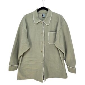 VTG Bold Spirit Sage Green Fleece Button Up Shacket Contrast Stitching Women Lrg